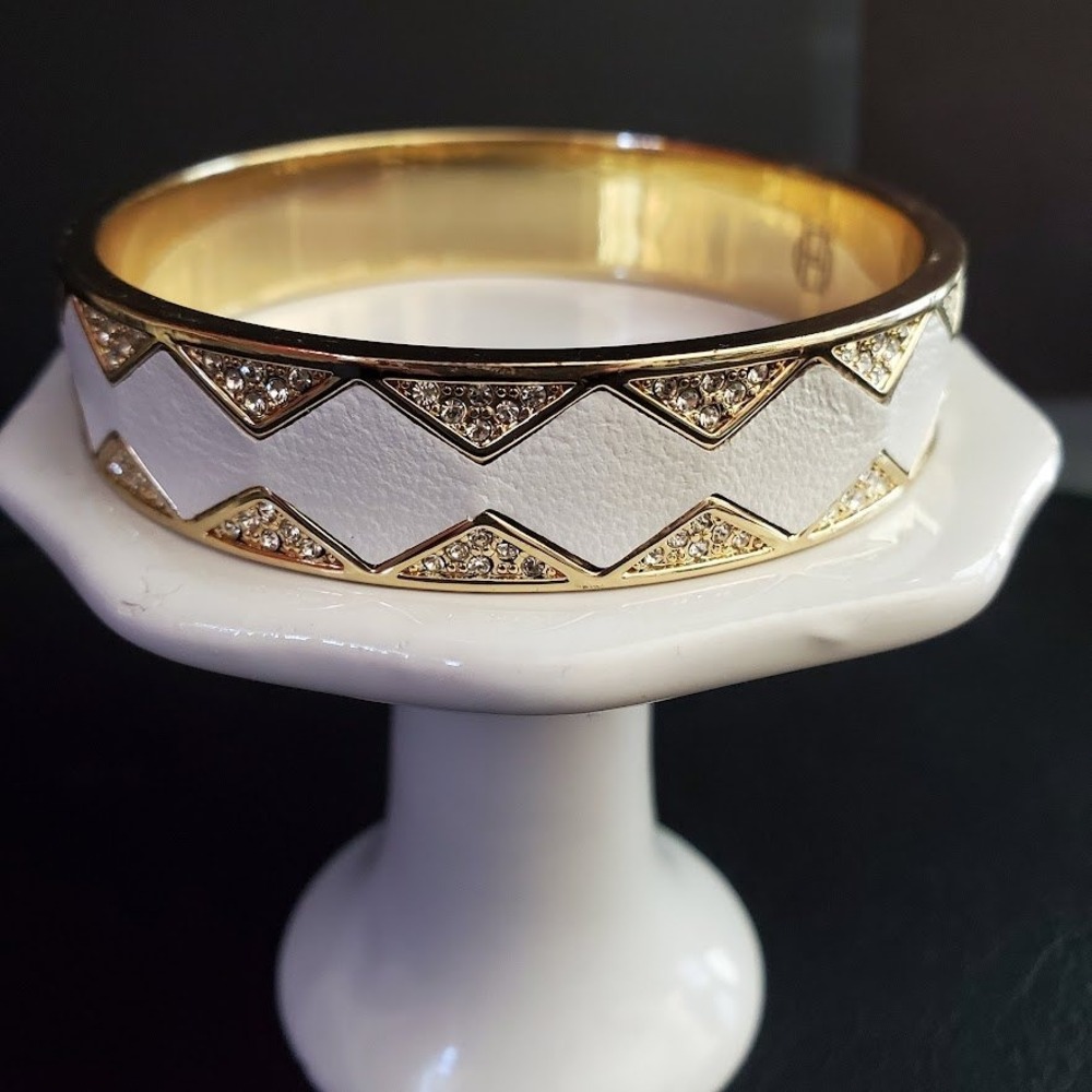 House of Harlow 1960 Gold Tone White Leather Crystal Geometric Bangle Bracelet